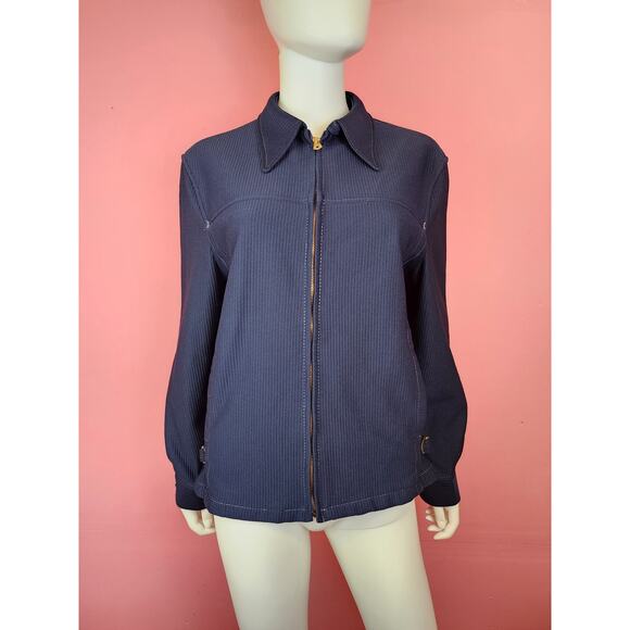 Men's Small Women's Large Vintage 1970's Navy Blue Dagger Collar Zip Up Jacket - Picture 4 of 12